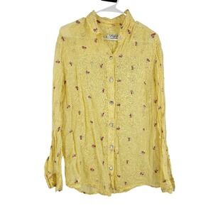 Haris Cotton Button Down Shirt Linen Yellow Floral Spring Sheer Lagenlook Size M